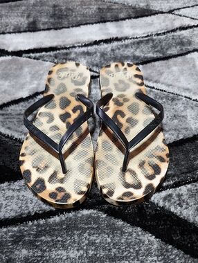 VINTAGE VS PINK LEOPARD PRINT BLACK LOGO FLIP-FLOP SANDALS HTF RARE LARGE